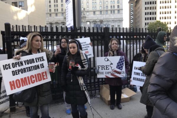 protesters outside U.S. District Court on the day of Iraqi deportation case hearing