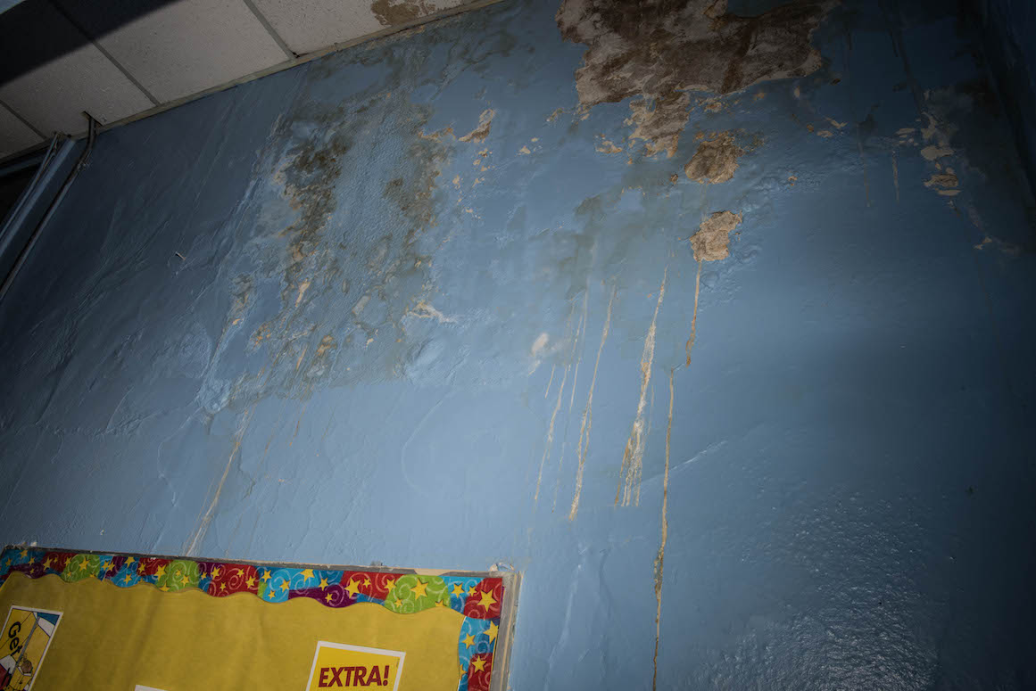 Water damaged is slowly corroding the walls inside many Hamtramck public schools, including this one at Dickinson East Elementary School.
