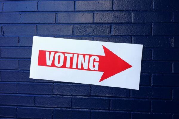 Sign that reads voting against blue brick wall