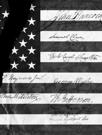 Graphic of black and white American flag with tear through it