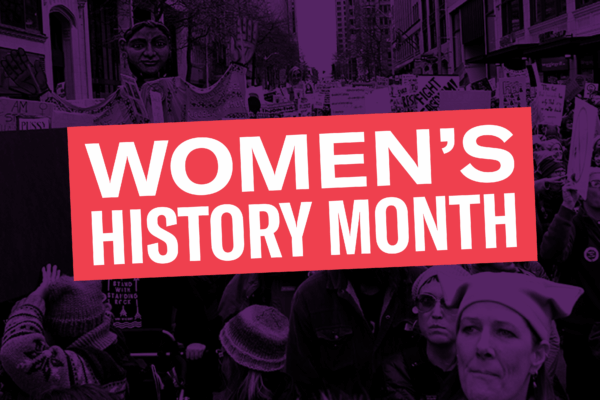 Women's History month graphic with protest in background and title in foreground