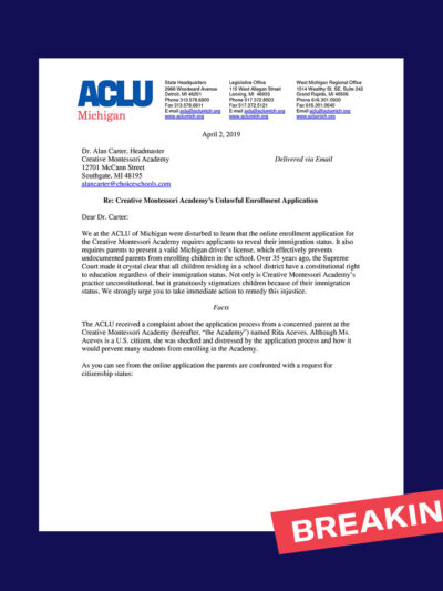 Photo of first page of ACLU MI letter sent to Creative Montessori Academy in Southgate