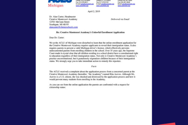 Photo of first page of ACLU MI letter sent to Creative Montessori Academy in Southgate
