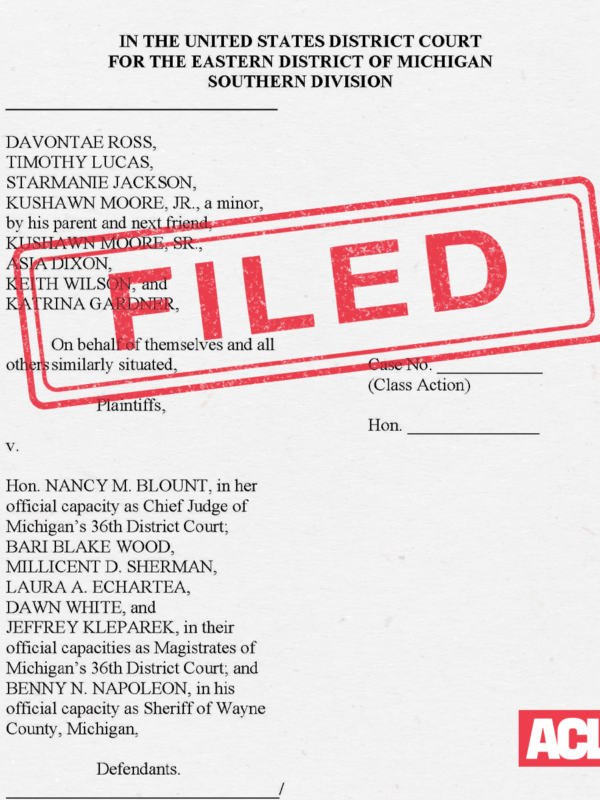 First page of lawsuit with filed stamp in red