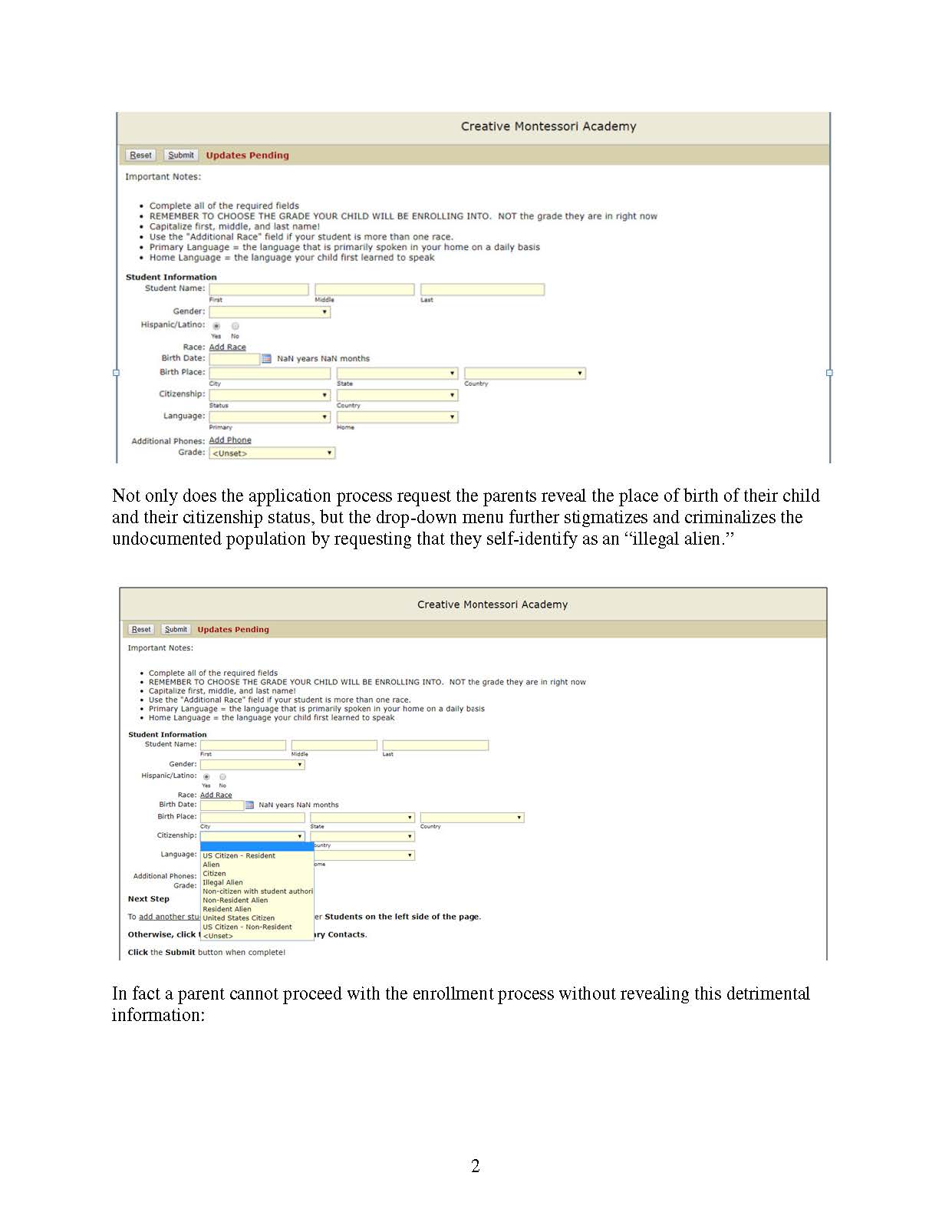 Screen shot of Creative Montessori Academy's drop-down menu asking for citizenship status