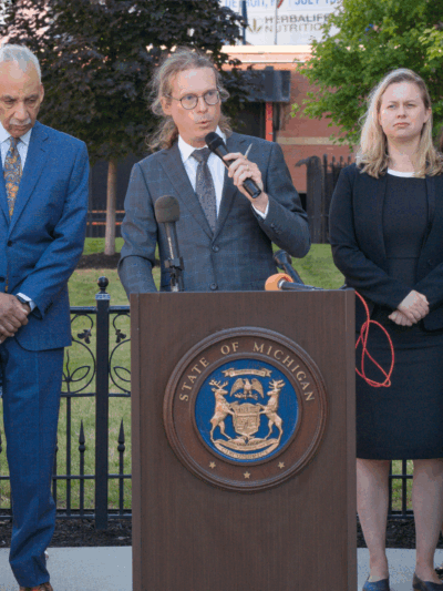 Phil Mayor speaking at bail press conference