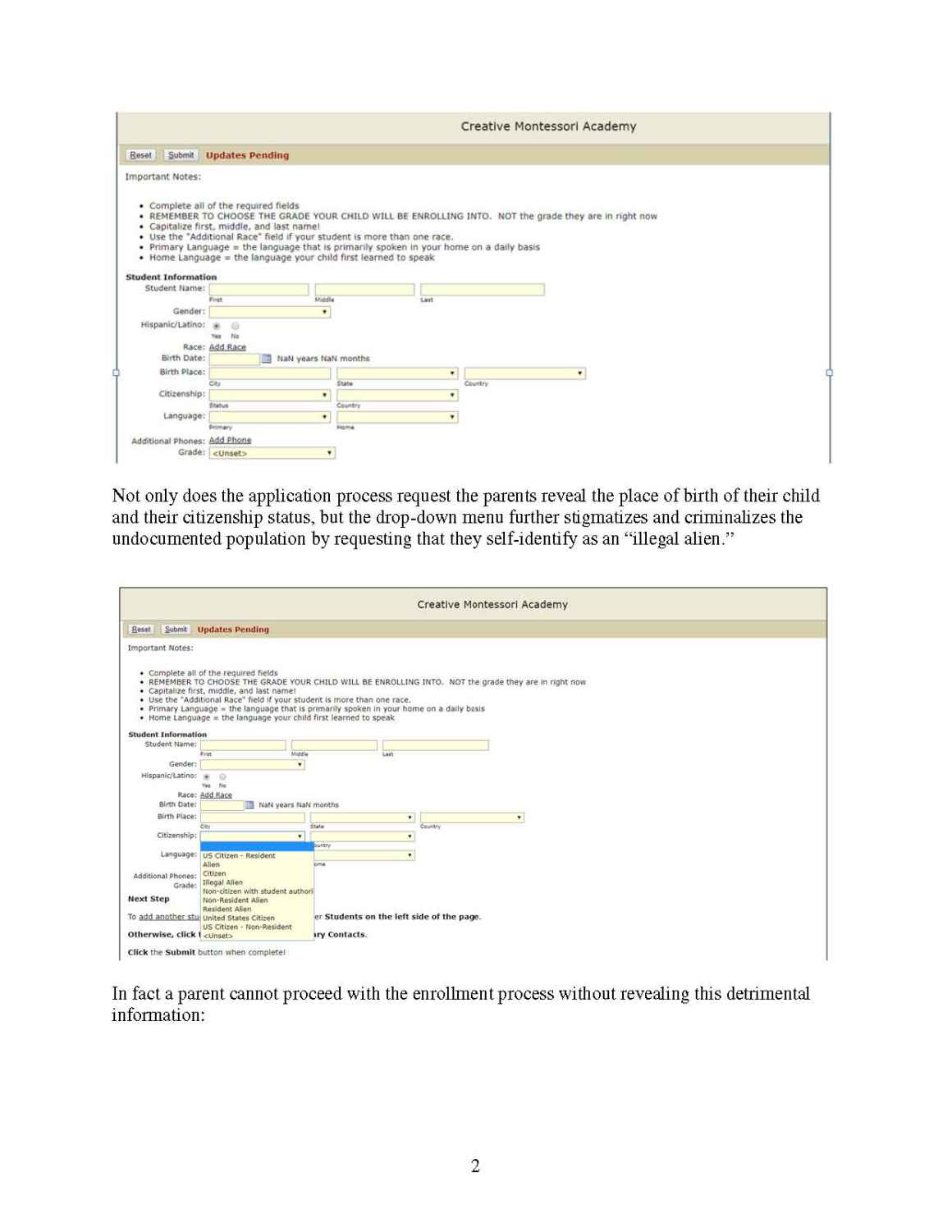 Screen shot of Creative Montessori Academy's drop-down menu asking for citizenship status