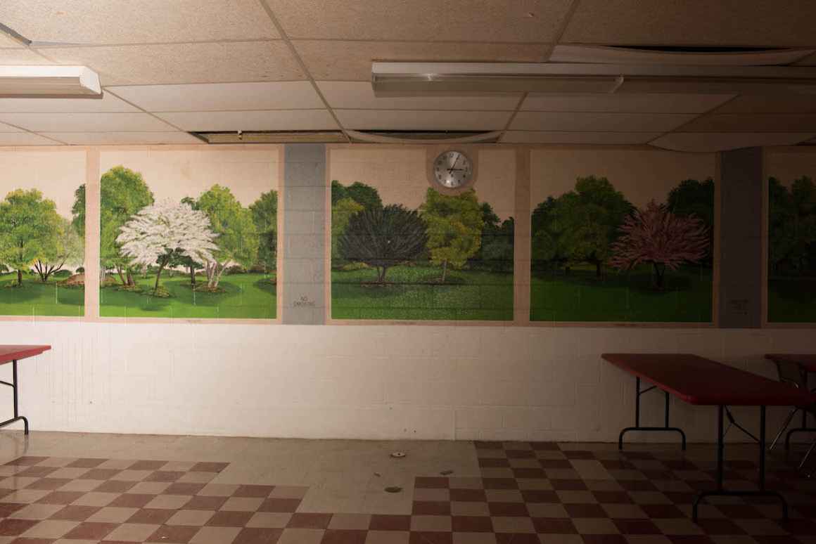 The cafeteria of Beecher Schools' Adult and Alternative Education High School. Most days, the ceiling leaks, so lunch must be served upstairs in a classroom. The facility will close at the end of 2014-2015.