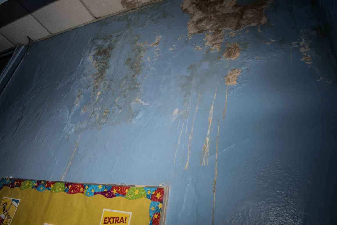 Water damaged is slowly corroding the walls inside many Hamtramck public schools, including this one at Dickinson East Elementary School.