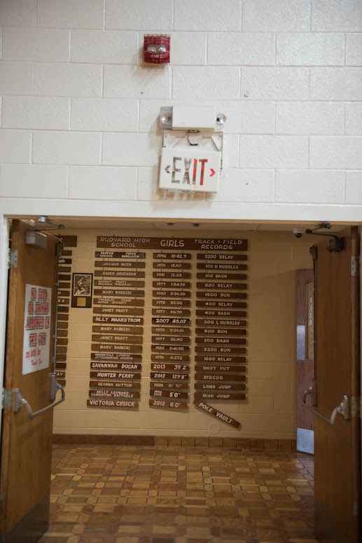 A modest sports decorates the hallway at the lone schoolhouse in Rudyard.