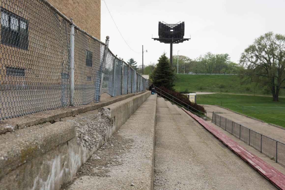 Bleachers crumble at the field around Nelson Elementary School in Muskegon.