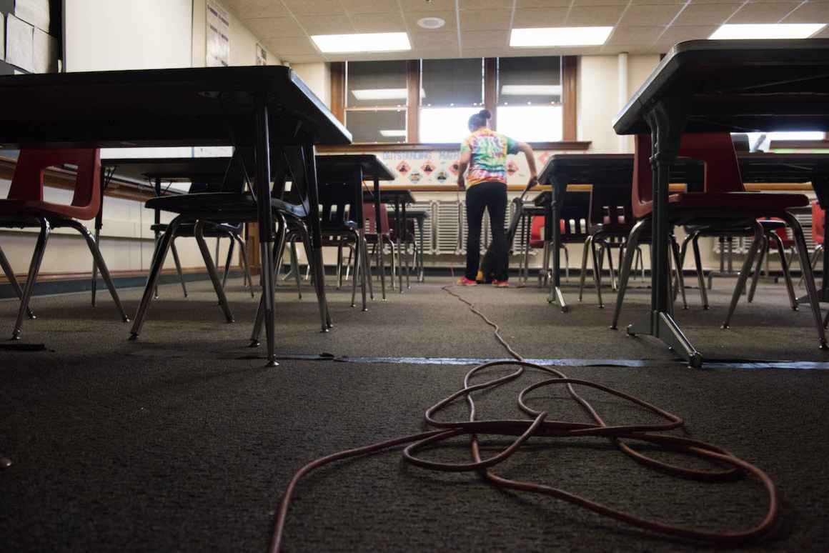 At Nelson Elementary, built in 1929, in many of the classrooms, brightly colored tape holds down ratty carpet that was installed after the last bond issue, in 2009.