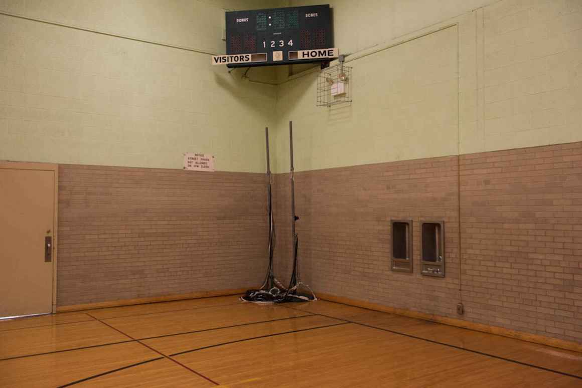 Antiquated equipment furnishes the gym of Nelson Elementary School.