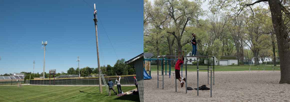 An intricate Birmingham Public Schools ropes course, located at Birmingham Seaholm High, stands in stark contrast to the worn playscapes available to Muskegon schoolchildren.