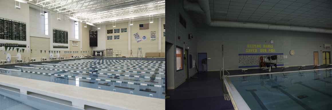 Contrasting photos show the differences between the swimming pools at Birmingham Groves High School (left) and Rudyard.