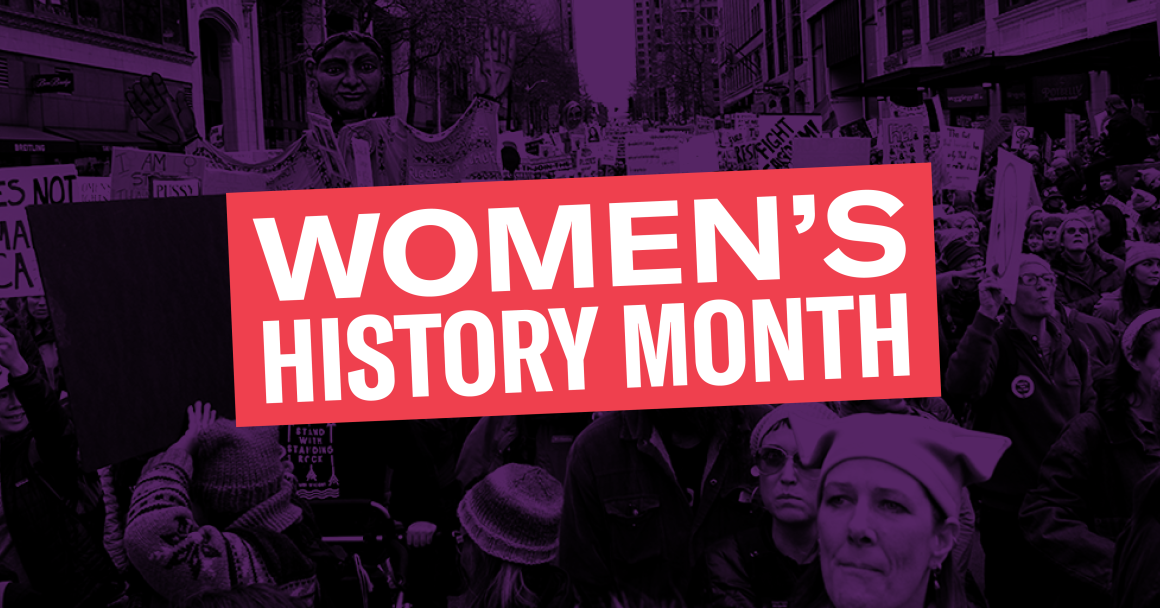 Women's History month graphic with protest in background and title in foreground