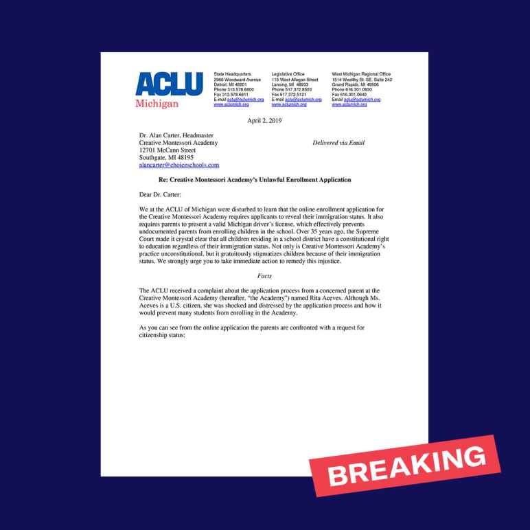 Photo of first page of ACLU MI letter sent to Creative Montessori Academy in Southgate