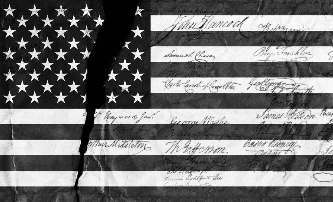 Graphic of black and white American flag with tear through it