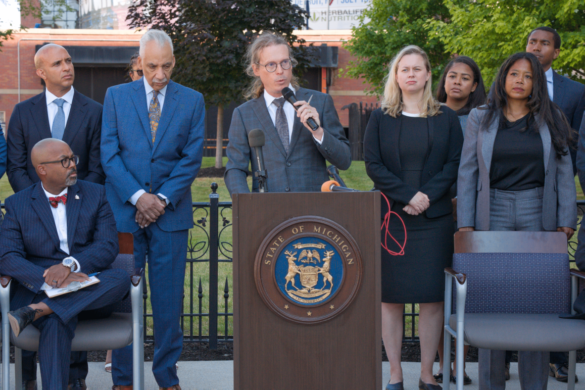 Phil Mayor speaking at bail press conference