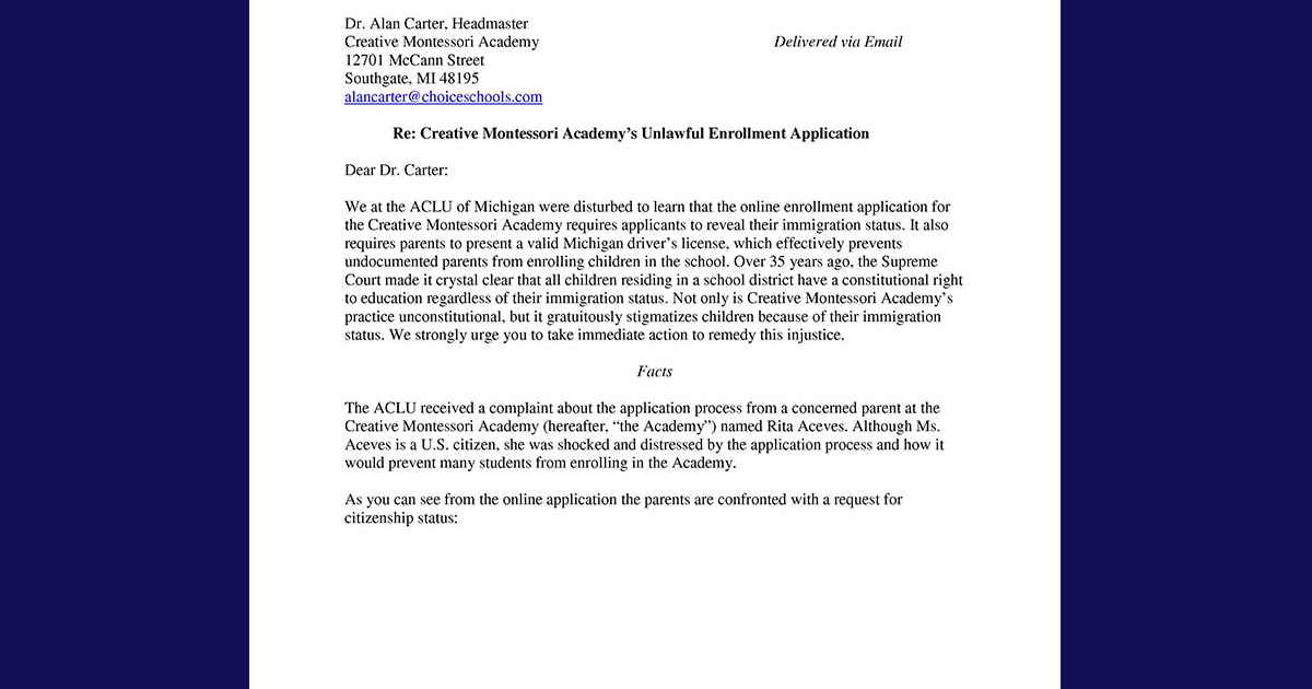 ACLU Demands Public School Remove Immigration Status from Enrollment