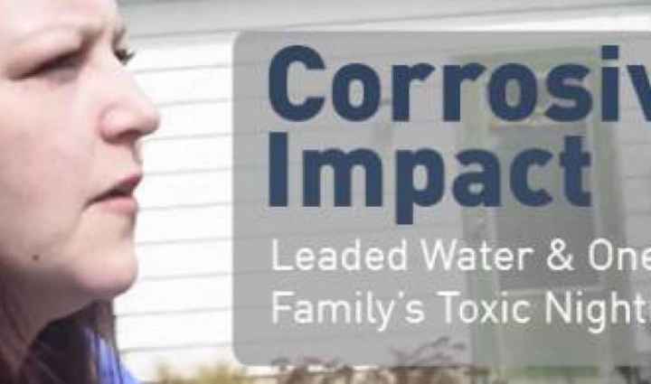 Corrosive Impact graphic with a woman&#039;s face on the left side