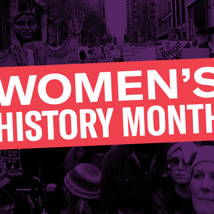 Women's History month graphic with protest in background and title in foreground