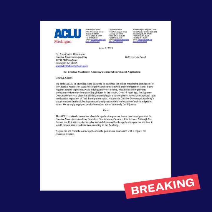 Photo of first page of ACLU MI letter sent to Creative Montessori Academy in Southgate