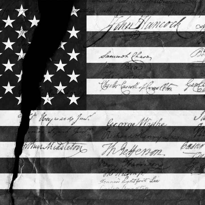 Graphic of black and white American flag with tear through it