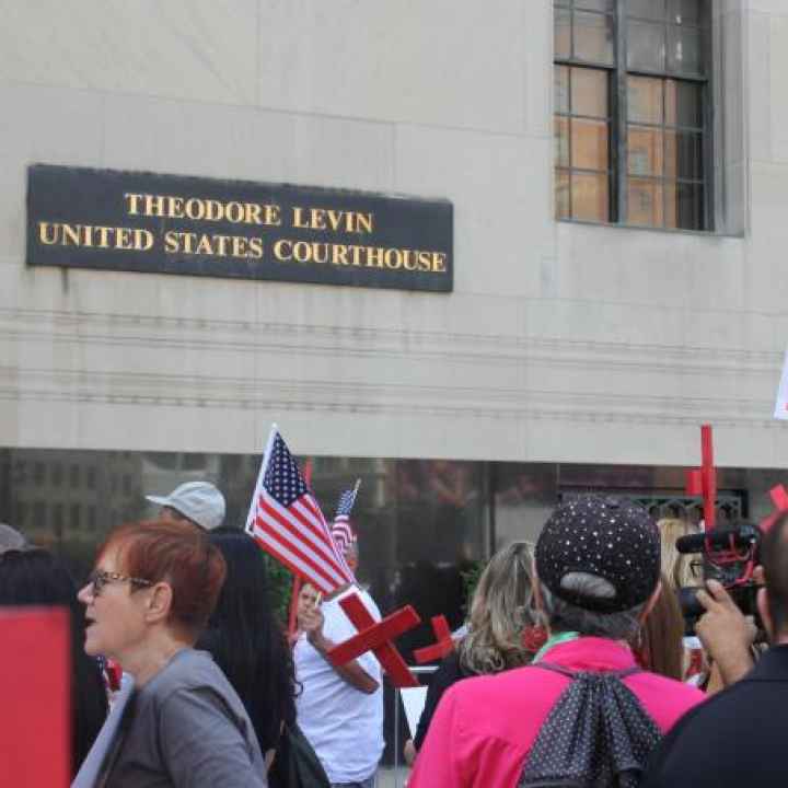 A crowd of protestors stand in front of the Theodore Levin US Courthouse holding anti-ICE protest signs and red crosses