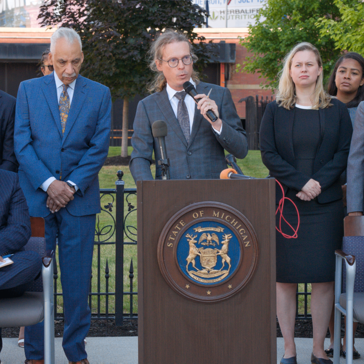 Phil Mayor speaking at bail press conference